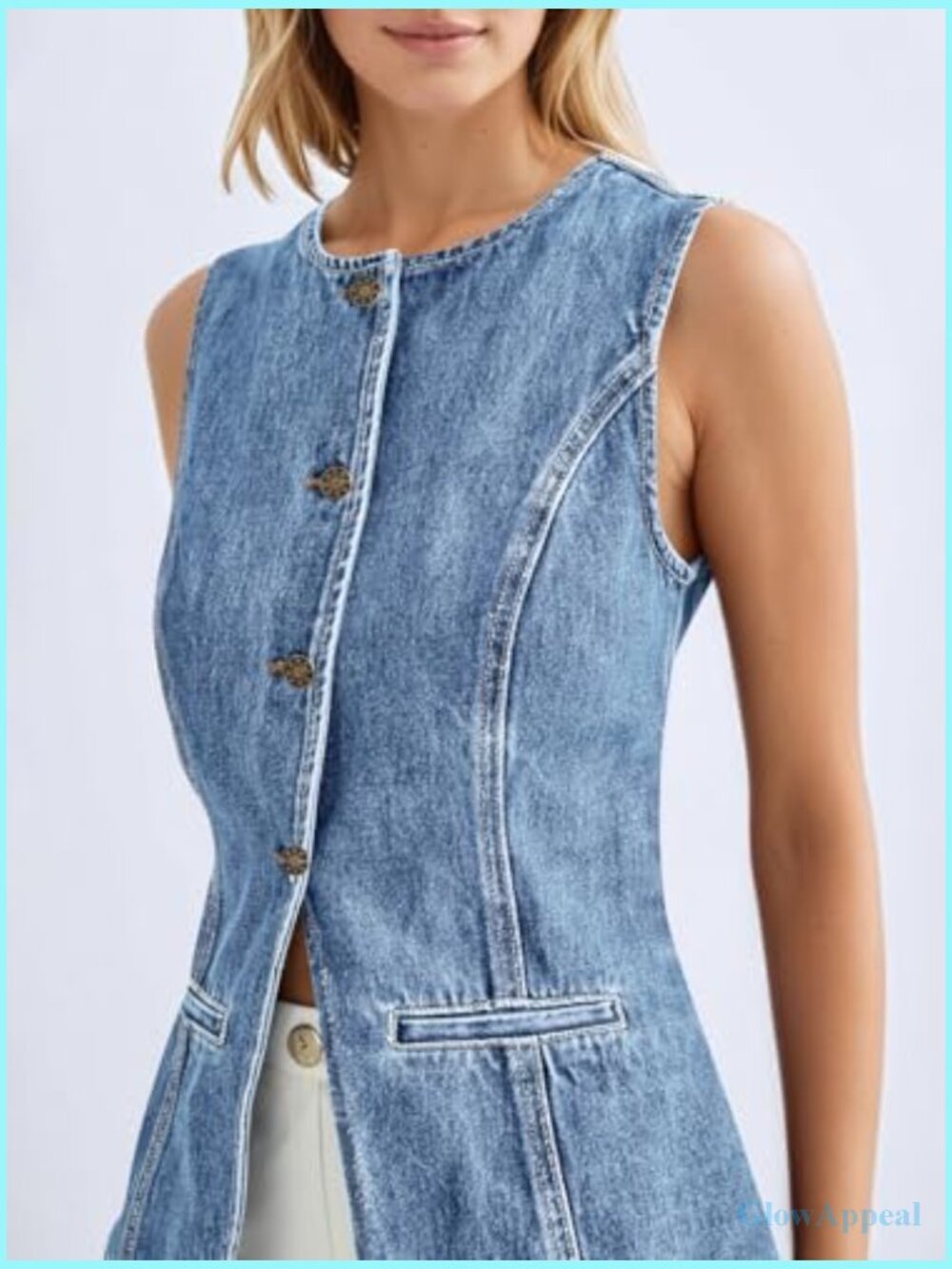 Fitted Sleeveless Denim Vest Button Down Crew Neck Waistcoat Ladies Jean Tank - Picture 2 of 7